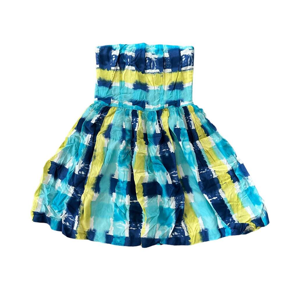 Aqua Strapless Fit & Flare Dress Paintbrush Plaid